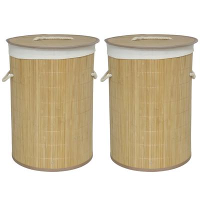 Gerimport Wasmand van bamboe - 2x - 48 liter - D35 x 50 cm - met deksel / binnenvoering