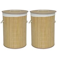 Gerimport Wasmand van bamboe - 2x - 48 liter - D35 x 50 cm - met deksel / binnenvoering