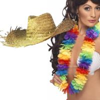 Carnaval verkleedset - Tropical Hawaii party - strohoed - en volle bloemenslinger multi colours