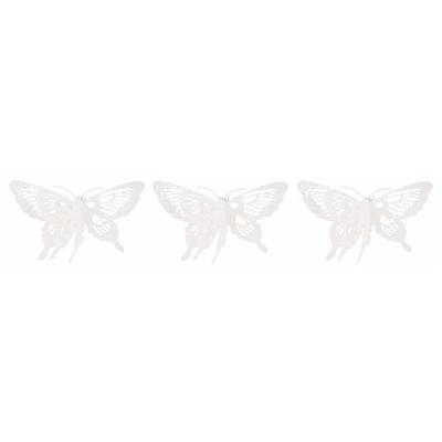 Decoratie vlinder - 3x - op clip - wit - - 15 x 11 cm - glitters - kerstvlinder - kerstversiering