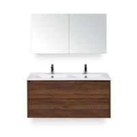 Porto Badmeubelset 120 cm - 2 laden Walnoot - Keramische Wastafel Wit Slim - met Spiegelkast