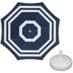 Parasol - blauw/wit - D140 cm - incl. draagtas - parasolvoet - 42 cm