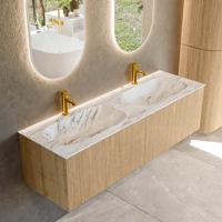 Badmeubel Mondiaz Kurve-Dlux | 150 cm | Meubelkleur Oak | Wastafelkleur Glace | Solid surface | Dubbele spoelbak | 2 kraangaten