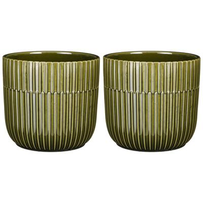 Mica Decorations - 2x - Plantenpot/bloempot - keramiek - groen - stripes patroon - D17,5 x H16 cm