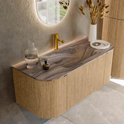 Badmeubel Mondiaz Kurve-Dlux | 110 cm | Meubelkleur Oak | Wastafelkleur Sombra | Solid surface | Wasbak midden spoelbak | 1 kraangat