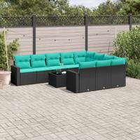 11-delige Loungeset met kussens poly rattan zwart