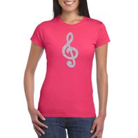 Zilveren muziek noot G-sleutel / muziek feest t-shirt / kleding roze dames - thumbnail