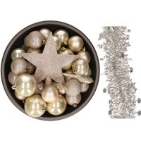 Kerstversiering kerstballen 5-6-8 cm met ster piek en sterren slingers pakket champagne 35x stuks