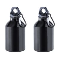 2x Stuks aluminium waterfles/drinkfles zwart met schroefdop en karabijnhaak 330 ml - thumbnail