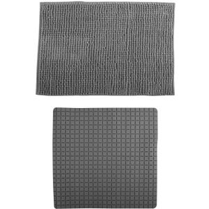 MSV Douche anti-slip mat en droogloop mat - Sevilla badkamer set - rubber/microvezel - donkergrijs