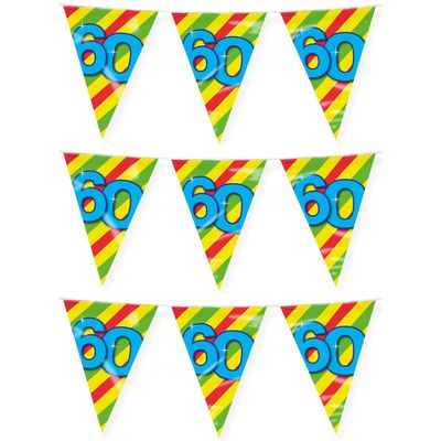 Verjaardag 60 jaar thema vlaggetjes - 3x - feestversiering - 10m - folie - dubbelzijdig