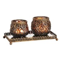 Glazen design windlicht/kaarsenhouder 2x stuks set in het zwart goud 20 x 9 x 10 cm