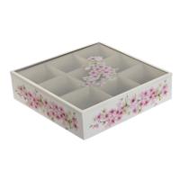 Theedoos - 9-vaks - wit / roze - hout - 24 x 24 x 7 cm - doorzichtig