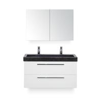 Seville Badmeubelset 100 cm - Wit Hoogglans - Wastafel Hardsteen Wit Lucca 2 kraangaten - met Spiegel - Variant 2