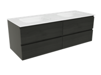 Balmani Lucida zwevend badkamermeubel 150 x 55,5 cm zwart eiken met Tablo Arcatto dubbele wastafel in matte Solid Surface