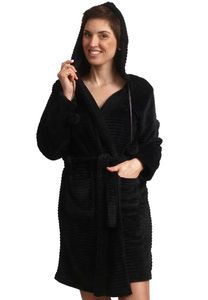 Zwarte fleece badjas met capuchon - kort model-m