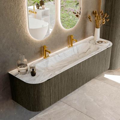 Badmeubel Mondiaz Kurve-Dlux | 170 cm cm | Meubelkleur Shadow | Wastafelkleur Glace | Solid surface | Wasbak midden spoelbak | 2 kraangaten