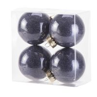 4x stuks kunststof kerstballen met glitter afwerking donkerblauw 8 cm - Kerstbal - thumbnail