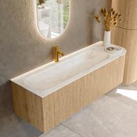 Badmeubel Mondiaz Kurve-Dlux | 145 cm | Meubelkleur Oak | Wastafelkleur Ostra | Solid surface | Links spoelbak | 1 kraangat