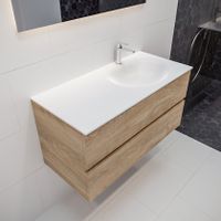 Mondiaz Vica Moon badmeubel eiken licht 100 cm 2 lades solid surface enkele spoelbak rechts 1 kraangat