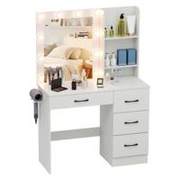 Make-Uptafel met Spiegel en Verlichting Kaptafel met Oplaadstation 3-Kleurige LED-Verlichting Föhnhouder Lades Wit