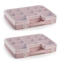 4x stuks plasticforte opbergkoffertje - 13-vaks - oud roze - opbergkoffer - sorteer box - 27,5 x 20,