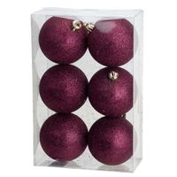 6x stuks kunststof glitter kerstballen aubergine roze 8 cm   -