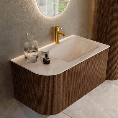 Badmeubel Mondiaz Kurve-Dlux | 85 cm | Meubelkleur Walnut | Wastafelkleur Meli | Solid surface | Wasbak rechter zijde spoelbak | 1 kraangat