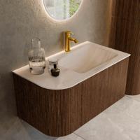Badmeubel Mondiaz Kurve-Dlux | 85 cm | Meubelkleur Walnut | Wastafelkleur Meli | Solid surface | Wasbak rechter zijde spoelbak | 1 kraangat