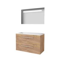 Basic-Line Economic 46 Badkamermeubelset - 100 x 46 cm - Met Grepen - 2 Lades - Acryl Wastafel - Zonder Kraangat - Spiegel met LED Verlichting - Whisky Oak