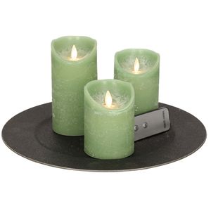 Ronde kaarsenplateau zwart van kunststof D33 cm met 3 jade groene LED-kaarsen 10/12,5/15 cm