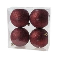 4x Donkerrode glitter kerstballen 10 cm kunststof - thumbnail