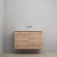 On-Line Onderkast - 100 cm - Voorgemonteerd - Greeploos 2 Deuren - Acryl Wastafel - zonder Kraangat - Eiken