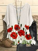 Casual Floral Loosen Round Neck Short Sleeve Top - thumbnail