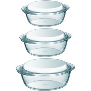 Set van 3x stuks ronde glazen ovenschalen met deksel 1,4 en 2,1 en 3 liter