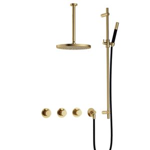 Hotbath Cobber complete thermostatische douche inbouwset cobber 70 met 2 stopkranen met plafondbuis 30 cm, 30 cm hoofddouche en glijstang, gepolijst