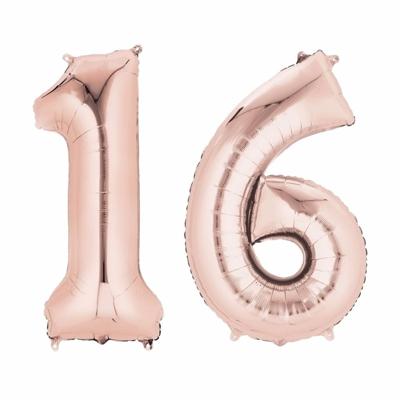 16 jaar verjaardag - Folie ballon cijfers - rose goud - 88 cm - versiering