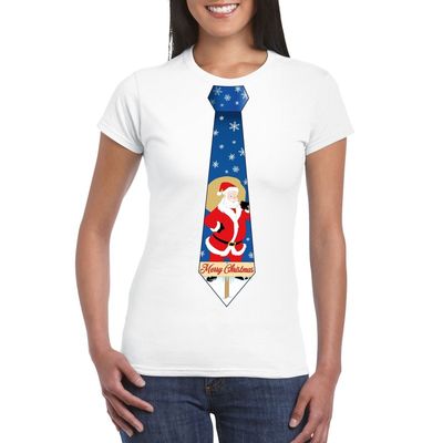 Foute Kerst t-shirt stropdas met kerstman print wit voor dames Foute Kerst t-shirt stropdas met kerstman print wit voor dames