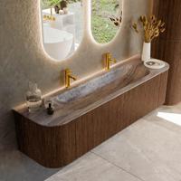 Badmeubel Mondiaz Kurve-Dlux | 170 cm | Meubelkleur Walnut | Wastafelkleur Oza | Solid surface | Wasbak midden spoelbak | 2 kraangaten