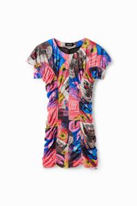 Slim fit mini-jurk met plooitjes en collage - RED - M