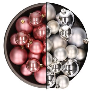 Kerstversiering kunststof kerstballen mix oud roze/zilver 6-8-10 cm pakket van 44x stuks