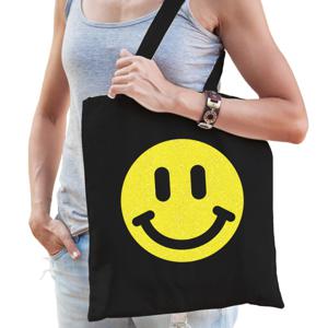 Cadeau tas voor dames - glitter smiley - zwart - katoen - 42 x 38 cm - Moederdag - verjaardag