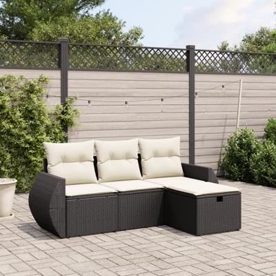 4-delige Loungeset met kussens poly rattan zwart