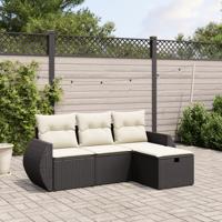 4-delige Loungeset met kussens poly rattan zwart
