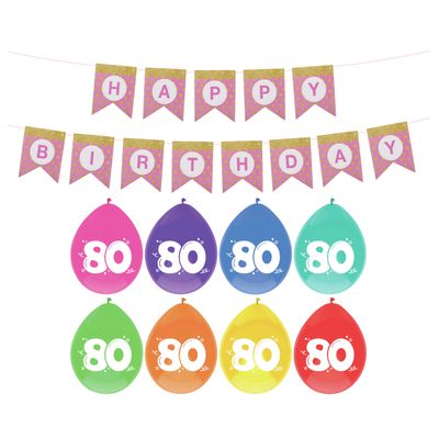 Verjaardag 80 jaar geworden versiering - 16x thema ballonnen - 1x Happy Birthday slinger 300 cm