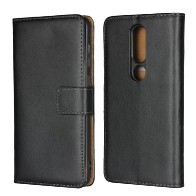 Lederen horizontale Flip holster voor Nokia X6 2018 met magnetische sluiting en beugel en kaartsleuf en portemonnee (zwart)