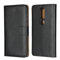 Lederen horizontale Flip holster voor Nokia X6 2018 met magnetische sluiting en beugel en kaartsleuf en portemonnee (zwart)