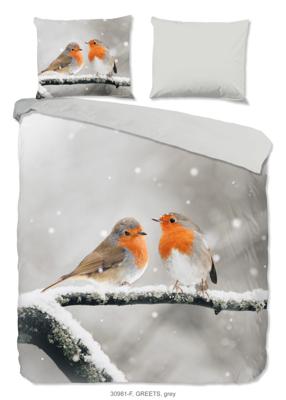 Good Morning Dekbedovertrek "roodborst vogels in de sneeuw" - Grijs - (240x200/220 cm) - Katoen Flanel