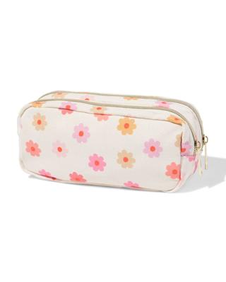 051 Etui Dubbele Rits 20x7cm Bloemen Lichtroze