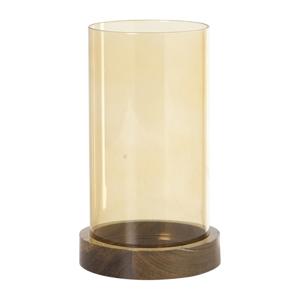 Windlicht glas en hout - beige/bruin - ø10x20 cm